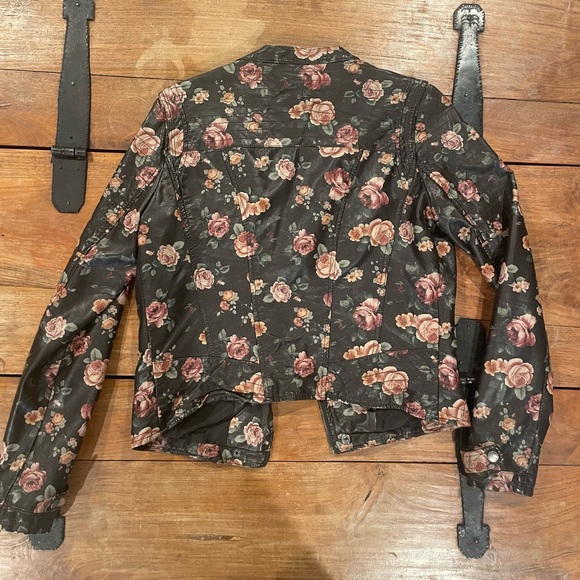 Women’s JouJou Brown Leather Jacket with Floral Print Size Medium - Picture 4 of 9